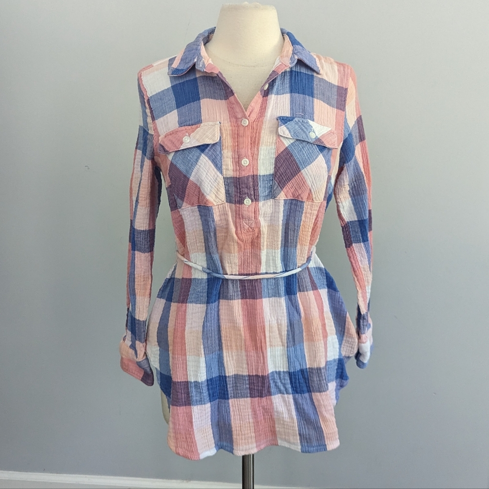 Women's Isabel Maternity Gingham Blouse Blue Pink Medium Cotton Gauze